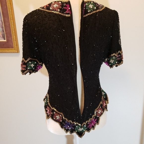 Vintage Laurence Kazar Silk Beaded Sequin & Pearl Top PM VGUC - Picture 5 of 9